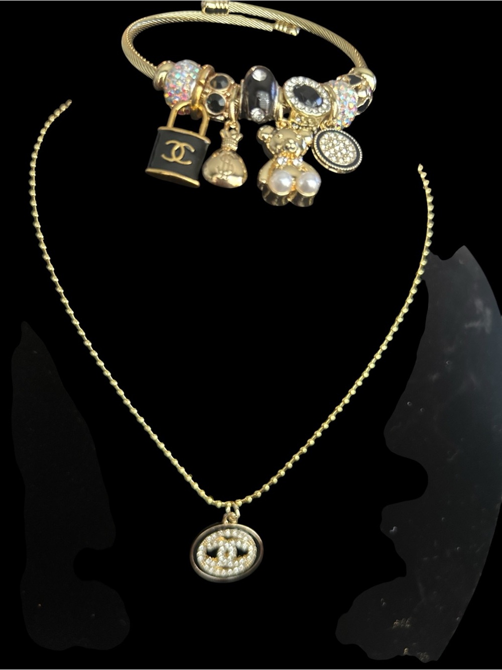 Gold Charm Bracelet with Black Enamel Accent - Designer Style